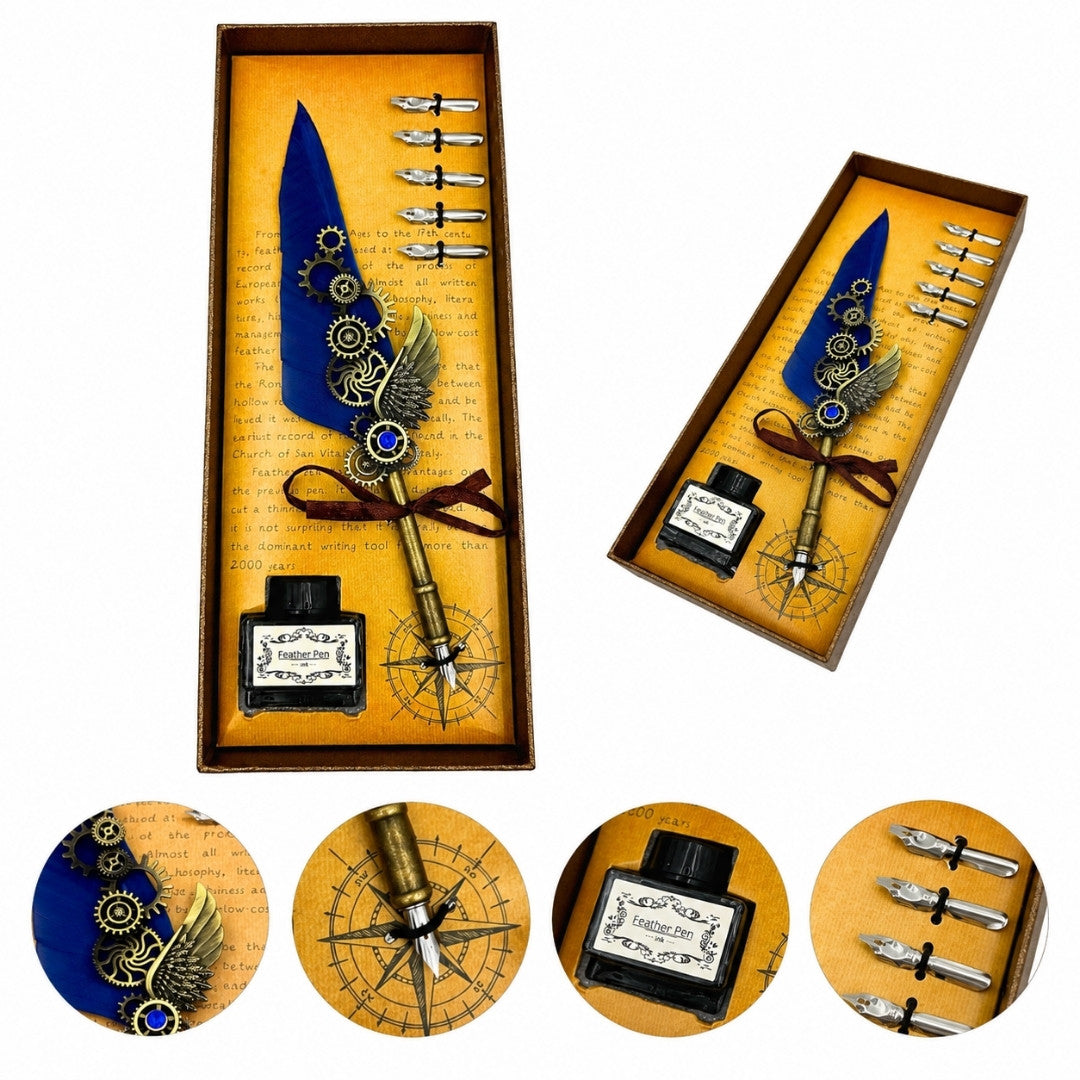 Retro kalligrafieset met blauwe ganzenveer, 6 penpunten, inkt, personalisatie met gravure, elegant cadeau in vintagestijl