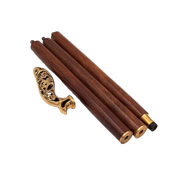 Elegante opvouwbare houten wandelstok met rijk versierd handvat in bruin en goud, met mogelijkheid tot personalisatie met gravure