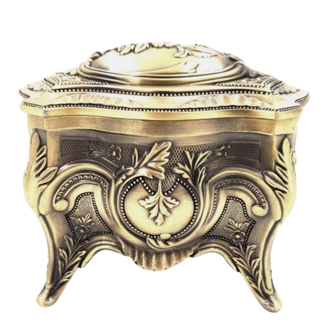 Gouden metalen retro sieradendoosje met mogelijkheid tot personalisatie met gravure - elegant en rijkelijk versierd, ideaal als cadeau - afmetingen: 10,8 x 7,7 x 9,2 cm, robuust en indrukwekkend, perfect voor het bewaren van waardevolle voorwerpen