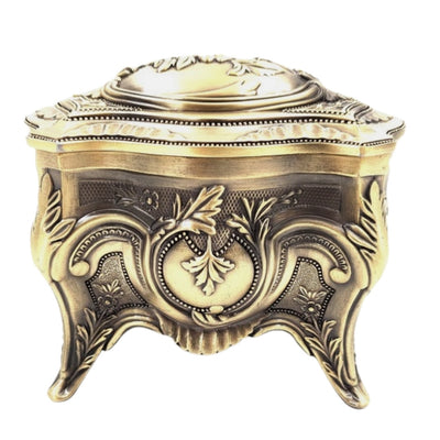Gouden metalen retro sieradendoosje met mogelijkheid tot personalisatie met gravure - elegant en rijkelijk versierd, ideaal als cadeau - afmetingen: 10,8 x 7,7 x 9,2 cm, robuust en indrukwekkend, perfect voor het bewaren van waardevolle voorwerpen