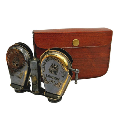 Retro messing verrekijker in leren etui met graveermogelijkheid