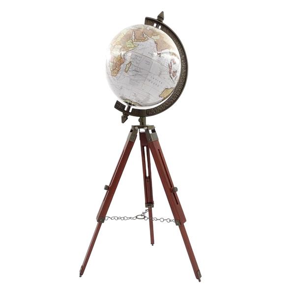 Elegante koloniale globe op houten driepoot NC2140 met verstelbare hoogte tot 78 cm, gelamineerde kaart in tinten wit en bruin, ideaal als cadeau met mogelijkheid tot personalisatie met gravure