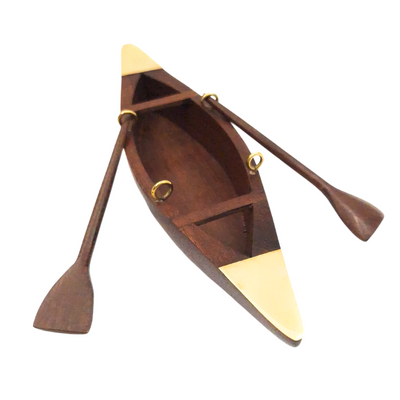 Elegant houten scheepsmodel 25 cm - Decoratie voor op het bureau met messing elementen - Ideaal cadeau voor een zeiler met optie voor personalisatie door gravure - Maritieme en retrostijl