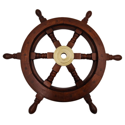 Houten stuurwiel 45 cm met messing middenstuk - Gepersonaliseerde gravure - Retro nautische decoratie als cadeau voor een zeiler of zeeliefhebber
