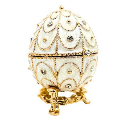 Exclusief metalen Fabergé-ei-sieradendoosje met kristalletjes in wit-goud met mogelijkheid tot personalisatie met gravure