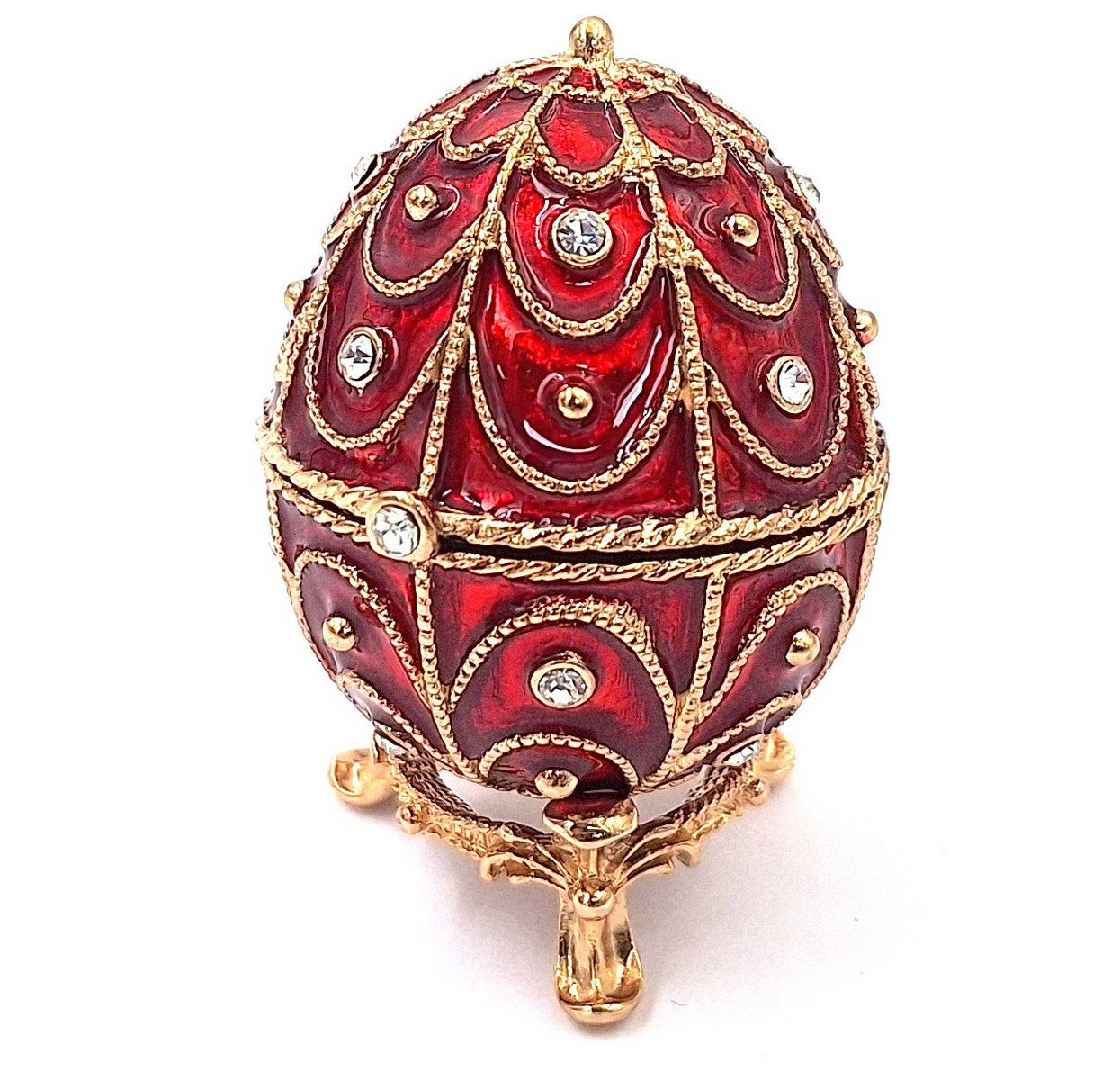 Exclusief metalen Fabergé-doosje met kristalletjes in rood-gouden kleur, mogelijkheid tot personalisatie door gravure, ideaal als cadeau, afmetingen 5,5x6,5cm