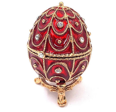 Exclusief metalen Fabergé-doosje met kristalletjes in rood-gouden kleur, mogelijkheid tot personalisatie door gravure, ideaal als cadeau, afmetingen 5,5x6,5cm