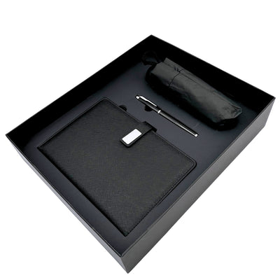 Elegante cadeauset met personalisatie - leren notitieboek A5, pen en zwarte paraplu in geschenkdoos