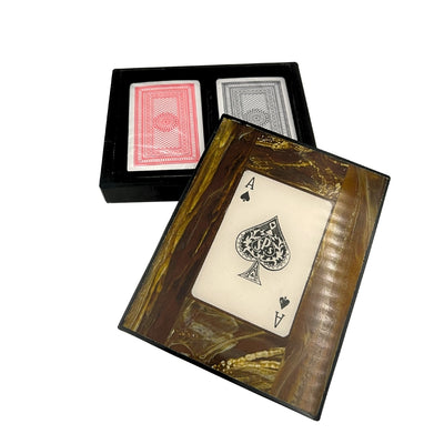 Stijlvolle set van twee kaartspellen in een elegante doos van hars met mogelijkheid tot personalisatie door gravure