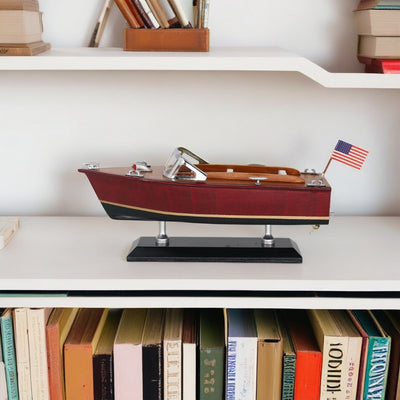 Model van houten motorboot met gravure – klassieke motorboot 26cm in diepe houttinten
