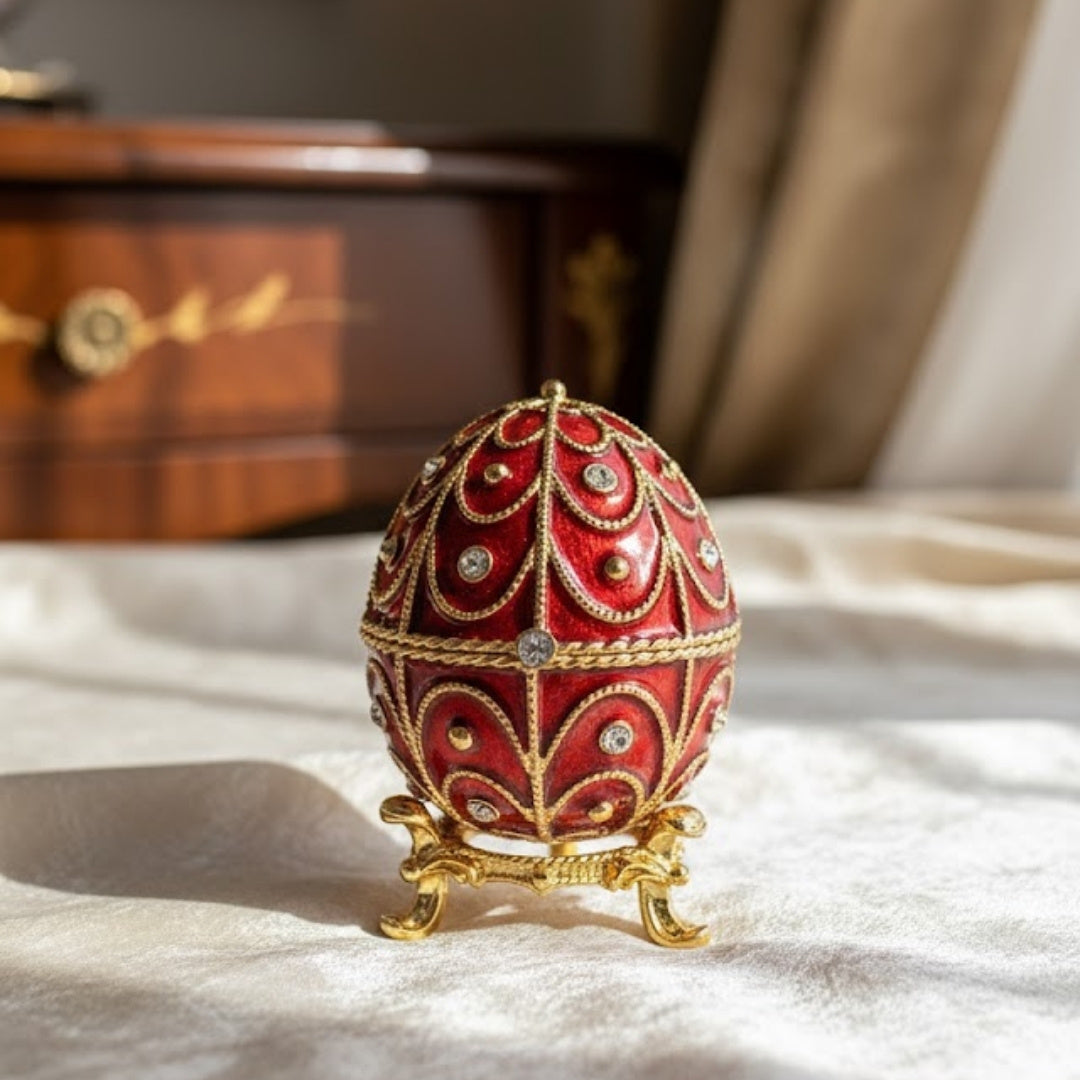 Exclusief metalen Fabergé-doosje met kristalletjes in rood-gouden kleur, mogelijkheid tot personalisatie door gravure, ideaal als cadeau, afmetingen 5,5x6,5cm