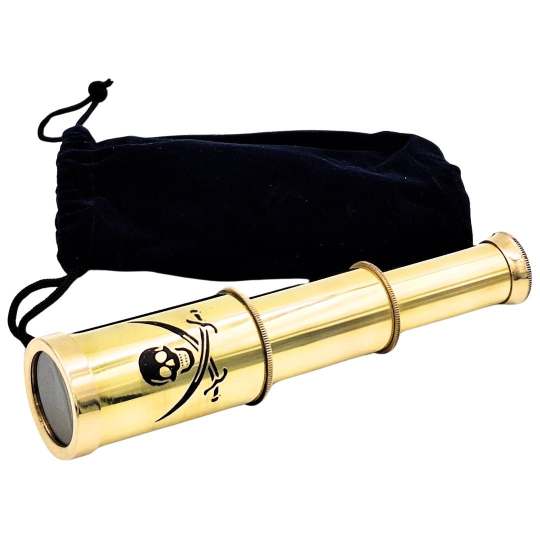 Piratenkijker met embleem – inklapbare messing verrekijker met gravure – ideaal cadeau voor een jonge zeeontdekker – hoogte 15 cm, set met fluwelen zakje