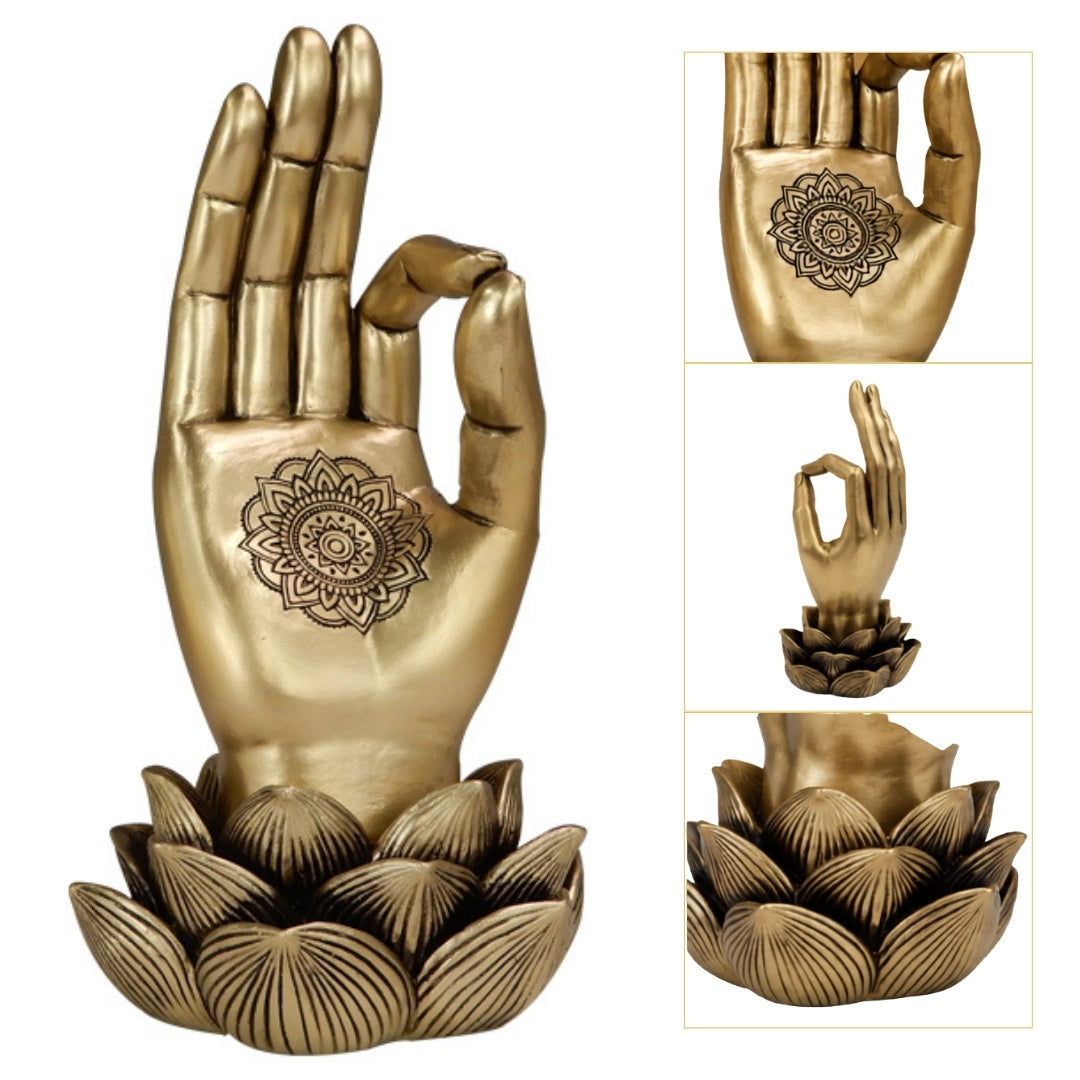 Gouden beeldje Hand van Boeddha Mudra OM met gravure - elegante decoratie als cadeau - lotusbloem, 21cm, polyresin, glamourstijl