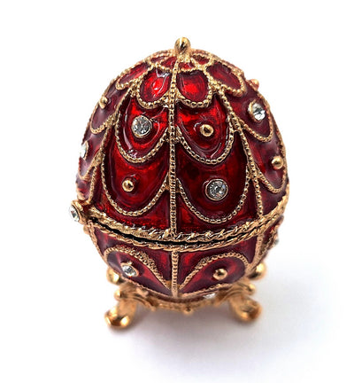 Exclusief metalen Fabergé-doosje met kristalletjes in rood-gouden kleur, mogelijkheid tot personalisatie door gravure, ideaal als cadeau, afmetingen 5,5x6,5cm