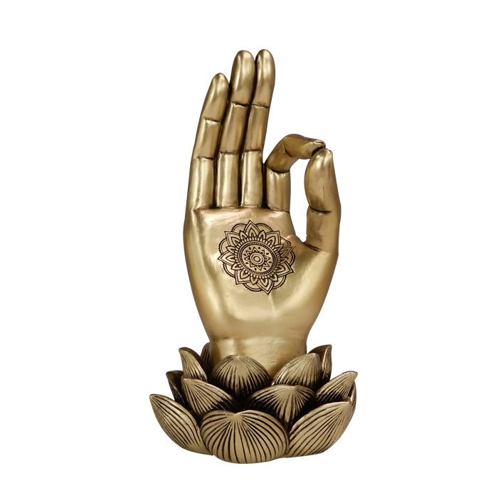 Gouden beeldje Hand van Boeddha Mudra OM met gravure - elegante decoratie als cadeau - lotusbloem, 21cm, polyresin, glamourstijl