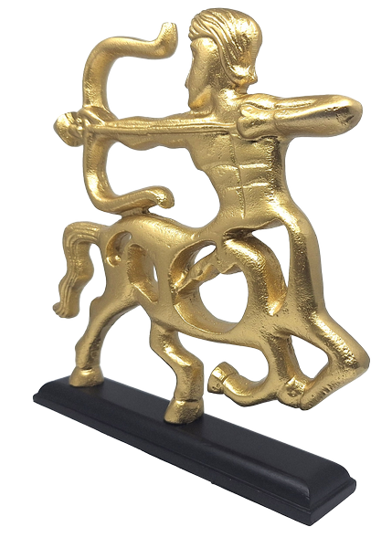Gouden decoratief beeldje Boogschutter met houten voet en optie voor personalisatie met gravure