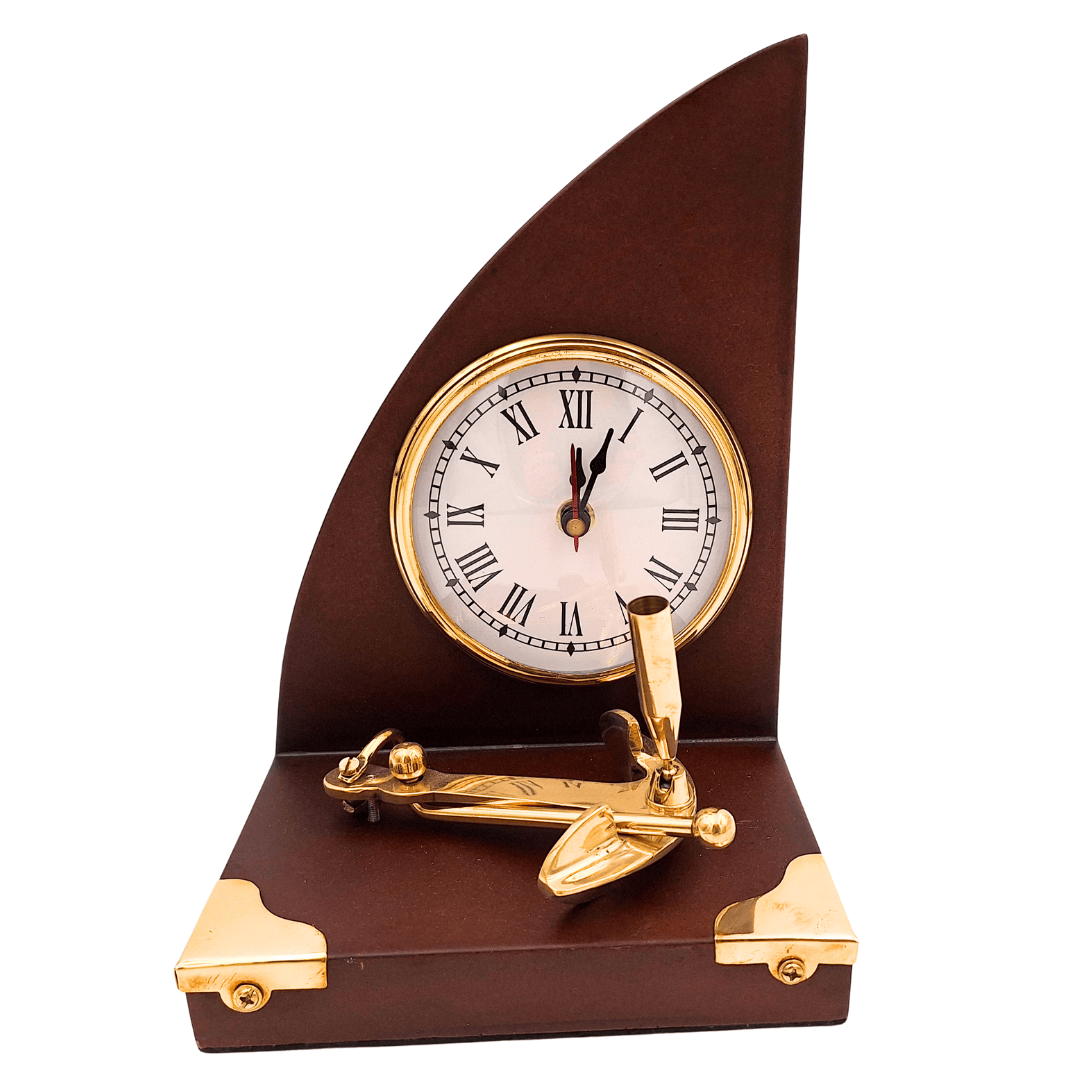 Elegante maritieme bureauset met klok en pennenhouder van messing en gelakt hout – personalisatie met gravure – ideaal cadeau voor een baas of liefhebber van vintagestijl – afmetingen 16 x 12,5 x 23 cm
