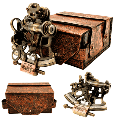Retro messing sextant in leren etui - elegant navigatie-instrument met graveermogelijkheid - ideaal cadeau voor liefhebbers van zeilen en geschiedenis - afmetingen 13x12x7 cm