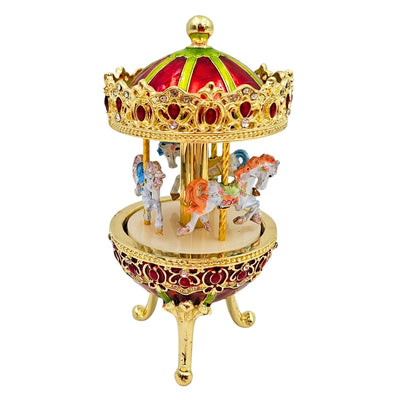 Muzikale carrousel-speeldoos met gravure - elegante decoratie in goud en rood, 14 cm