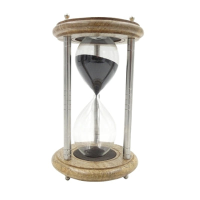 Messing-houten zandloper 10 min met gravure - elegant cadeau in zwart, hoogte 25 cm, gemaakt van metaal, glas en mangohout
