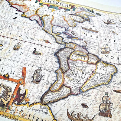 Kaart van Amerika 1628 - J. Hondius-reprint met mogelijkheid tot personalisatie met gravure - ideaal cadeau voor reizigers en geschiedenisliefhebbers - afmetingen 37,5 x 50 cm