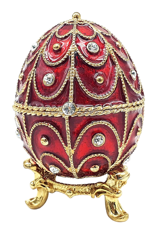 Exclusief metalen Fabergé-doosje met kristalletjes in rood-gouden kleur, mogelijkheid tot personalisatie door gravure, ideaal als cadeau, afmetingen 5,5x6,5cm