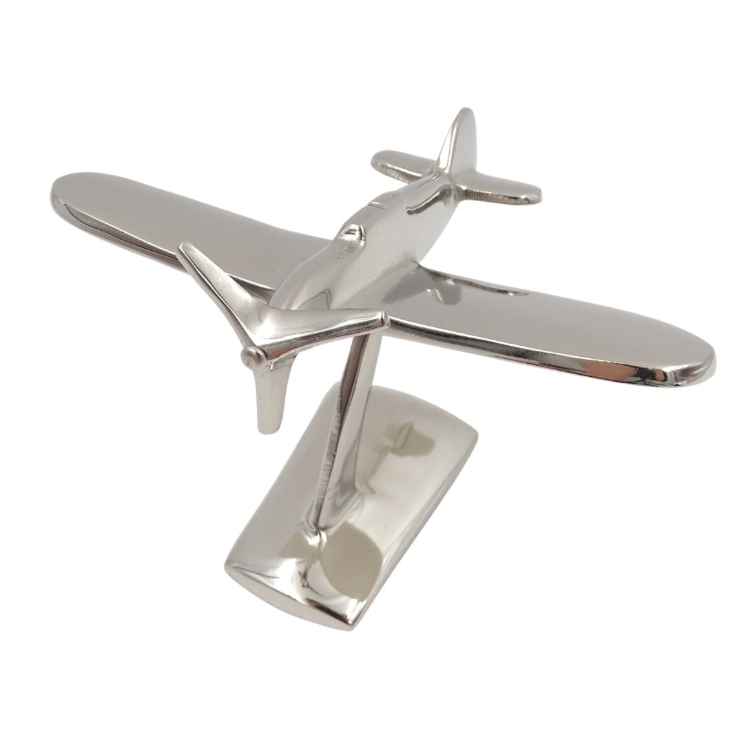 Model van eenmotorig vliegtuig N-0896 van aluminium in zilverkleur, 17x14x11 cm