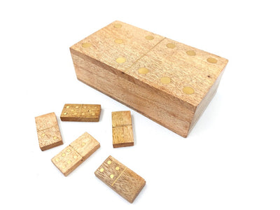 Houten domino van mangohout in doos met gravure - gepersonaliseerd cadeau voor volwassenen, 28 stenen, messing versieringen, doosafmetingen 15 x 8 x 4,5 cm