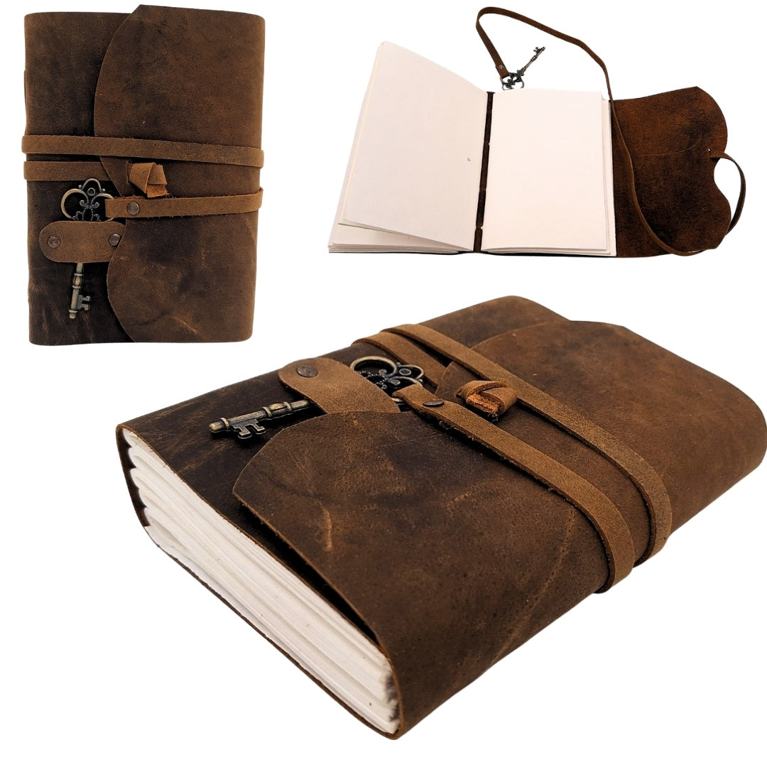 Retro leren notitieboek met sleuteltje en riem 200 pagina's 18 x 13 cm