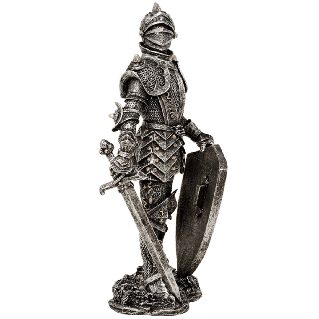 Decoratief beeldje ridder in zilveren harnas 30 cm met mogelijkheid tot personalisatie met gravure - elegant cadeau voor liefhebbers van geschiedenis en fantasy, handbeschilderd van polyresin