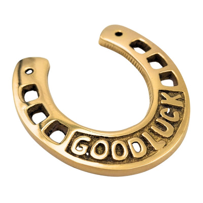 Messing gelukshoefijzer 7 cm met gravure - Elegant cadeau voor een nieuw huis, eindexamen of nieuwe baan, gouden decoratie met opschrift Good Luck