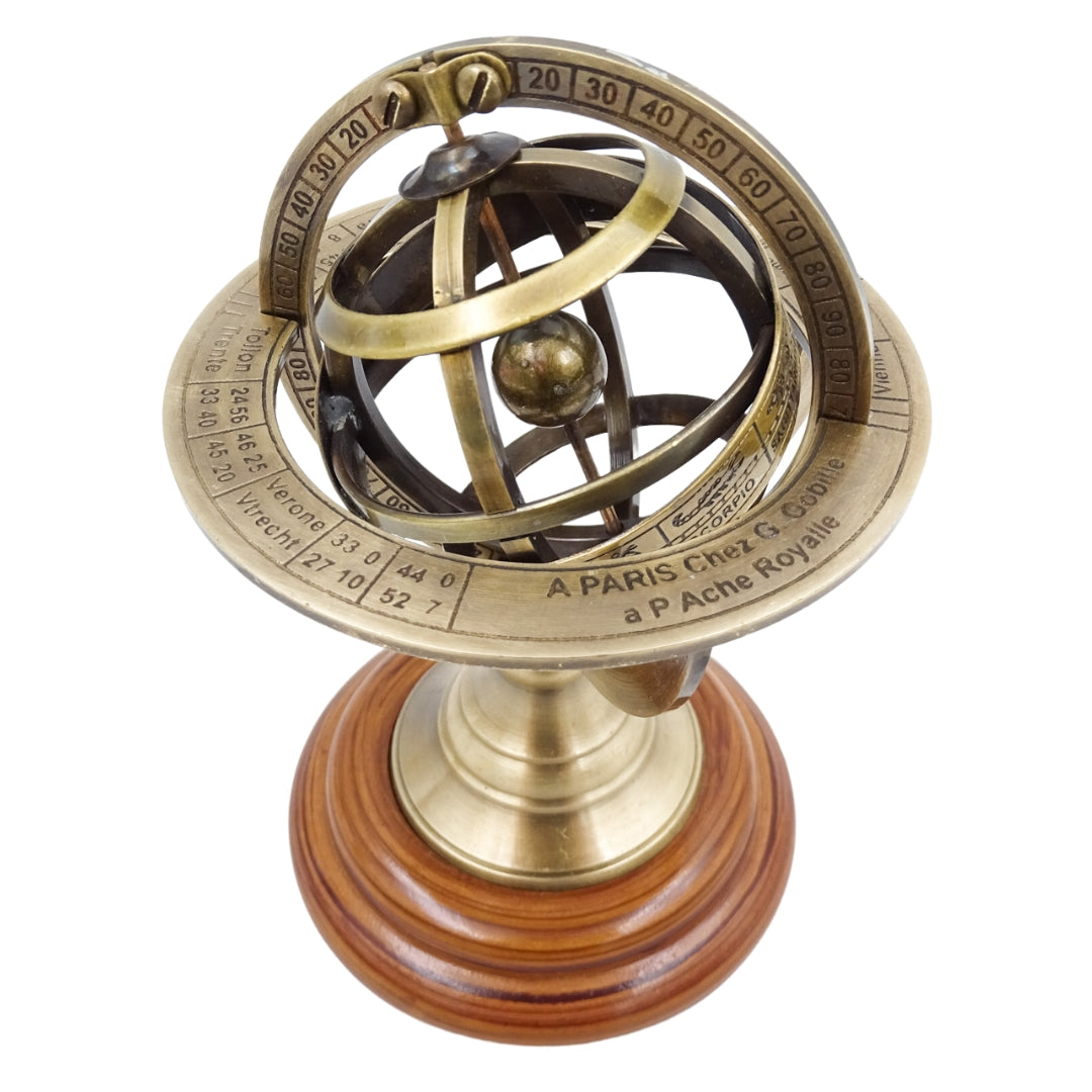 Messing astrolabium 14cm met gravure - uniek cadeau voor liefhebbers van astronomie, elegante decoratie van messing en hout in goudkleur