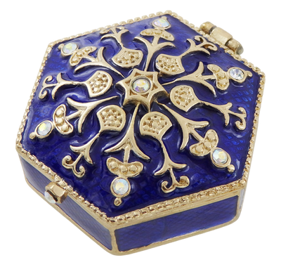 Elegant metalen geschenkdoosje met kristalletjes B0035-08BL in marineblauw-gouden kleurstelling met mogelijkheid tot personalisatie door gravure