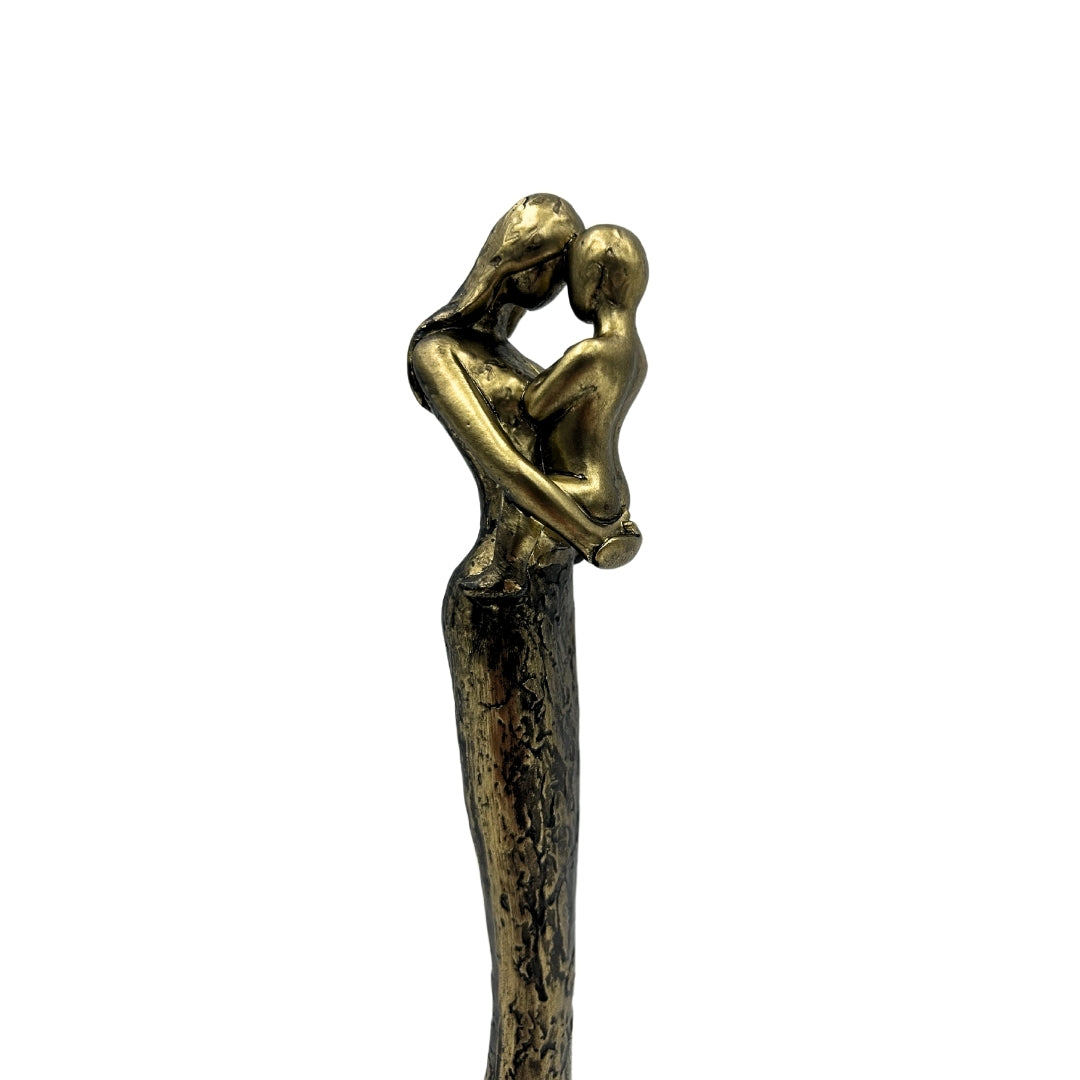 Modern beeldje moeder met kind in goud met gepersonaliseerde gravure - Hoogte 27 cm - Ideaal cadeau voor Moederdag, verjaardag of housewarming - Glamourstijl met zwarte elementen - Polyresin