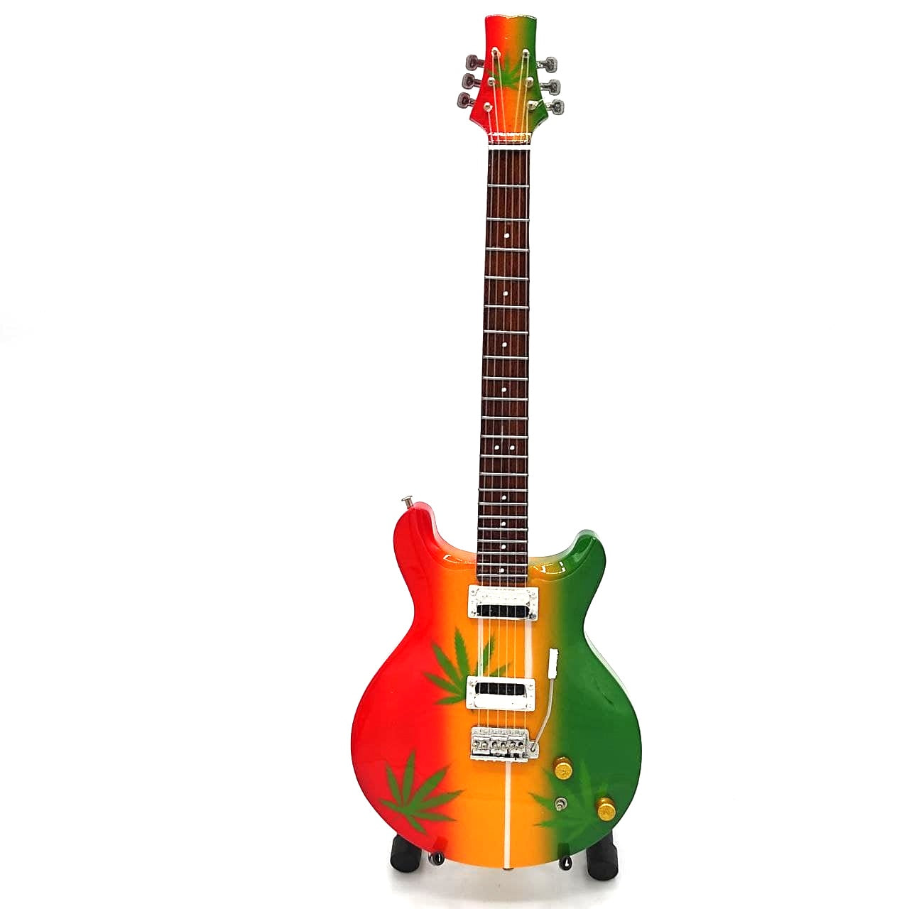 Mini-gitaar Bob Marley Tribute Ganja MGT-0468 met mogelijkheid tot personalisatie met gravure, ideaal cadeau voor reggaefans, handgemaakt van mahoniehout, hoogte 27,5 cm, geel, rood, groen, wit