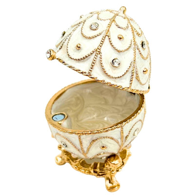 Exclusief metalen Fabergé-ei-sieradendoosje met kristalletjes in wit-goud met mogelijkheid tot personalisatie met gravure