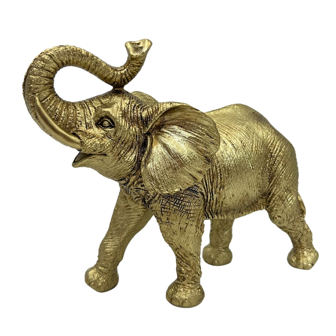Gouden olifant met opgeheven slurf - Elegant decoratief beeldje met mogelijkheid tot personalisatie met gravure, ideaal als cadeau - Hoogte 20,5 cm, materiaal polyresin
