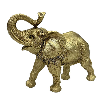 Gouden olifant met opgeheven slurf - Elegant decoratief beeldje met mogelijkheid tot personalisatie met gravure, ideaal als cadeau - Hoogte 20,5 cm, materiaal polyresin