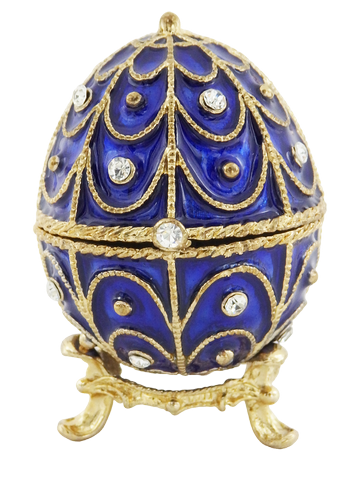 Exclusief metalen doosje met kristalletjes in de vorm van een Fabergé-ei, marineblauw-goud, 5,5x6,5cm met mogelijkheid tot personalisatie door gravure