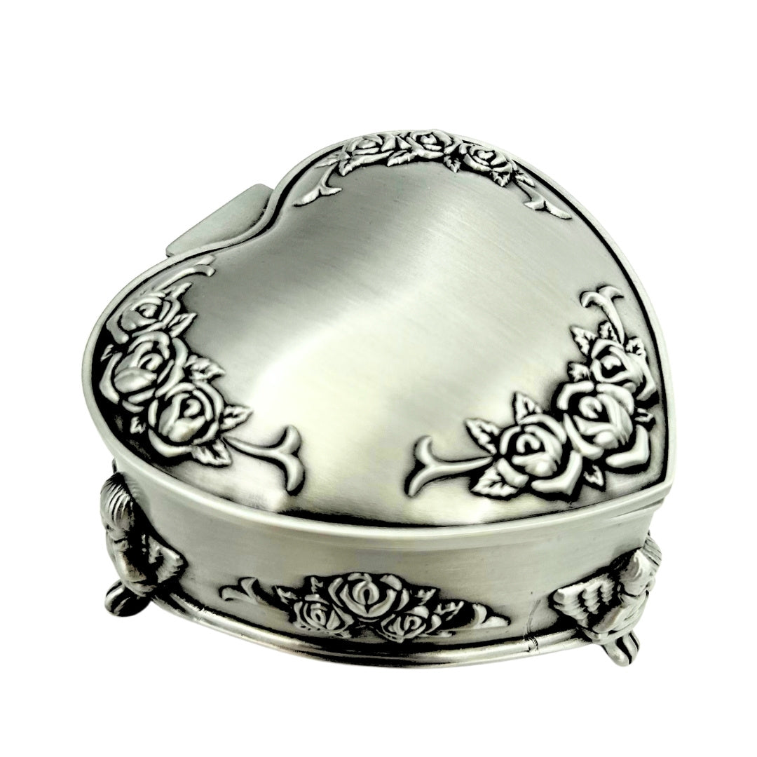 Metalen hartvormig kistje met mogelijkheid tot personalisatie met gravure – elegant cadeau voor Valentijnsdag, jubileum of verjaardag, versierd met rozenmotief, afmetingen 8,7 x 8,4 x 5,1 cm