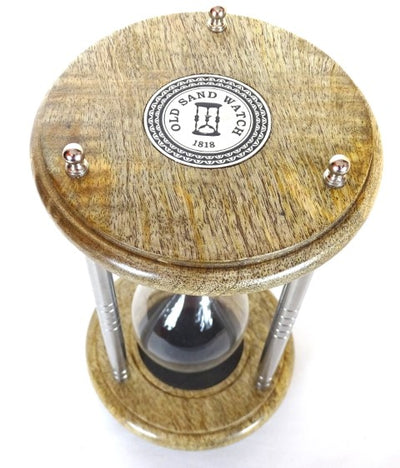Messing-houten zandloper 10 min met gravure - elegant cadeau in zwart, hoogte 25 cm, gemaakt van metaal, glas en mangohout