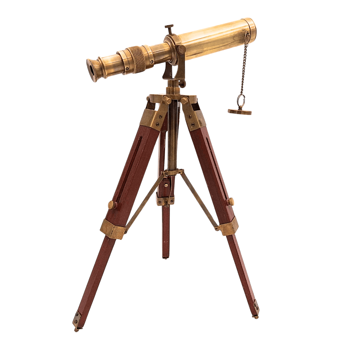 Retro messing telescoop op houten driepoot met verstelbare hoogte en graveeroptie