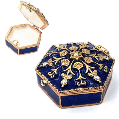 Elegant metalen geschenkdoosje met kristalletjes B0035-08BL in marineblauw-gouden kleurstelling met mogelijkheid tot personalisatie door gravure