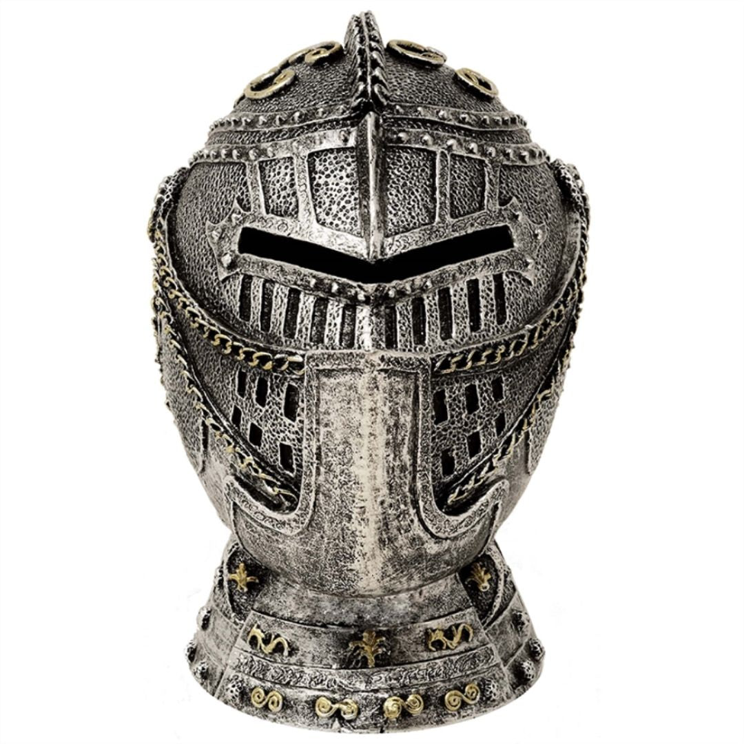 Decoratieve spaarpot ridderhelm met gravure - verouderd zilver, 13 cm