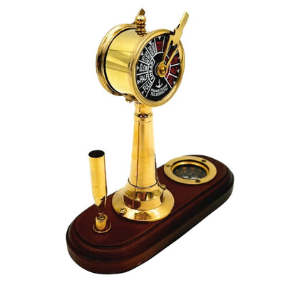 Elegante bureauset met gravure – machinetelegraaf, kompas en pennenhouder met houten voet – ideaal cadeau voor een zeiler, manager of liefhebber van retrostijl – hoogwaardig messing en hout, afmetingen 16,5 x 6 x 16,8 cm