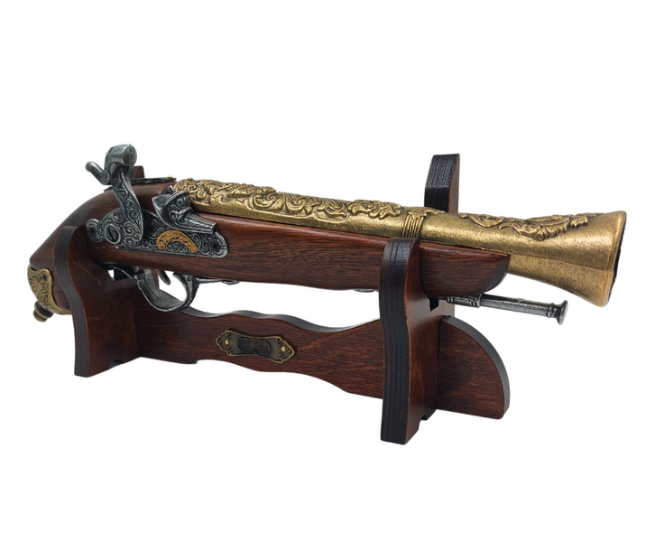Replica van een percussiepistool uit de XVIII eeuw op standaard met mogelijkheid tot personalisatie met gravure - elegant decoratief element en ideaal cadeau voor geschiedenisliefhebbers - gemaakt van metaal en hout, lengte 38 cm