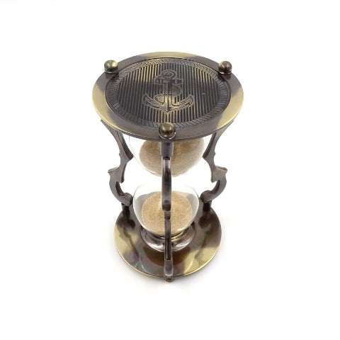 Elegante antieke messing zandloper 5 min met gravure