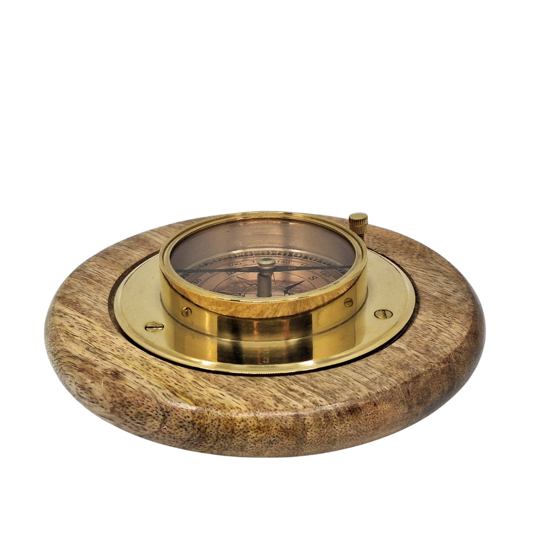 Elegant decoratief kompas met messing afwerking, gepersonaliseerde gravure, 15 cm, ideaal als cadeau voor reisliefhebbers, gemaakt van hout en glas