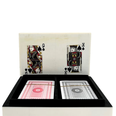 Elegante set van twee kaartspellen in een doos van hars met mogelijkheid tot personalisatie door gravure