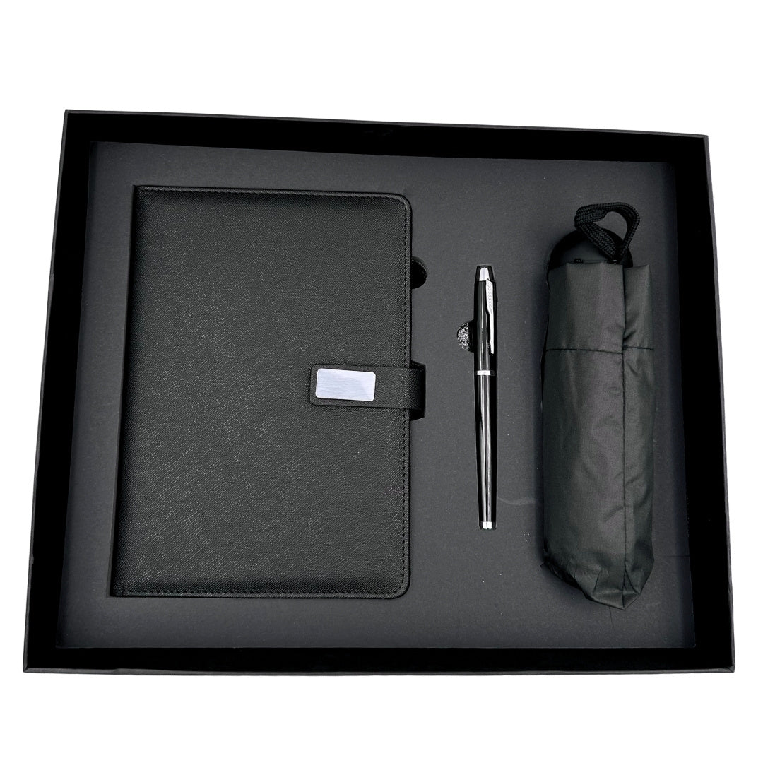 Elegante cadeauset met personalisatie - leren notitieboek A5, pen en zwarte paraplu in geschenkdoos